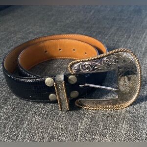 90s Al Beres USA Weastern Leather Belt Sterling Silver Plate Gold Buckle S 28
